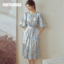 Luo Yi vintage print dress female 2022 Spring New temperament lantern sleeve lace-up skirt 02700