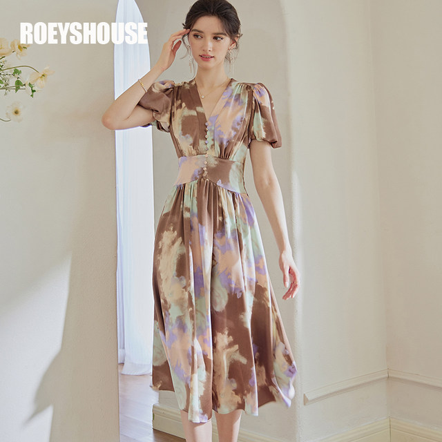 Luo Yi retro color satin dress female 2022 summer new style lantern sleeve waist large swing skirt 06789