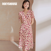 Rocoat elegant and colorful true silk dress with dress summer dress new temperament V necklace with large pendulum printed medium long dress 02422