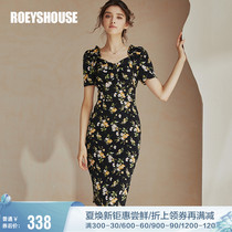 Rollaway style retro square collar dress dress woman summer dress new elegant flower bag hip mid-length dress 02496