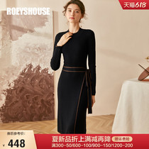 Rosuit Cognitive Pure Color Sashimi Sweater Dress 2022 Spring Dress Commute Splicing Small Waist Fine Mid Length Dress 03265