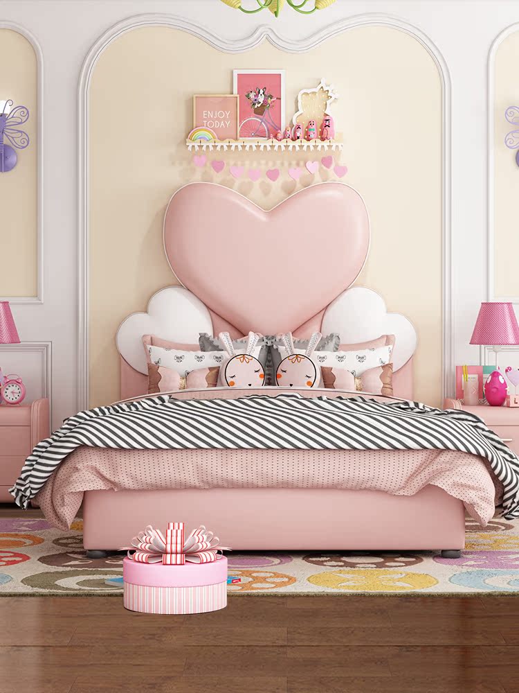 Children's bed Girl princess bed Girl creative dream castle bed Nordic pink 1 5 meters single love leather bed