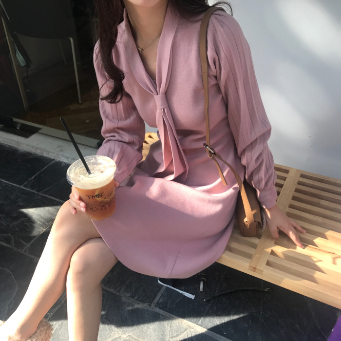 Mùa thu và mùa đông của bạn sản phẩm mới mô hình khí mỏng giảm béo bow tie đan đầm đầm kiểu