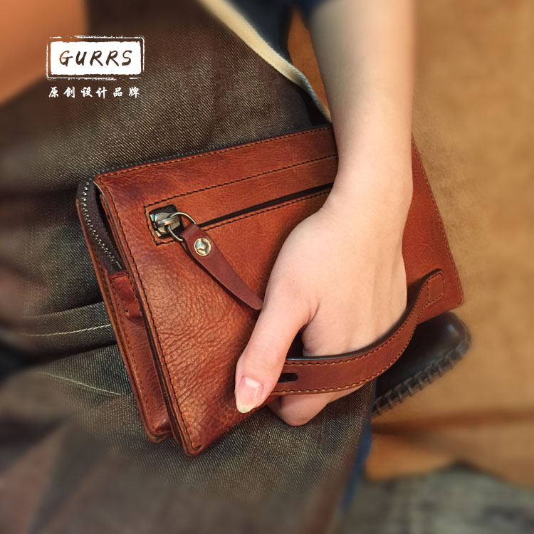 Original new casual handmade leather man hand-grabbed bag long handbag with vegetable tanning leather large capacity handbag