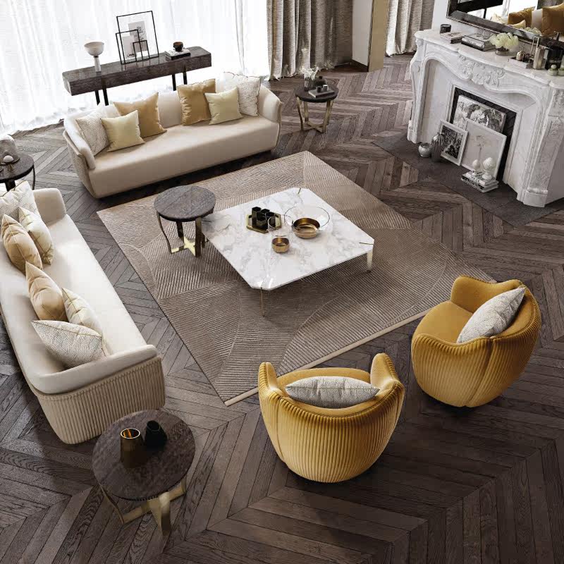 Italian Style Light Extravagant Vertical Stripe Cloth Art Living Room Sofa Minimalist Villa-like Stainless Steel Furniture Custom Factory Direct