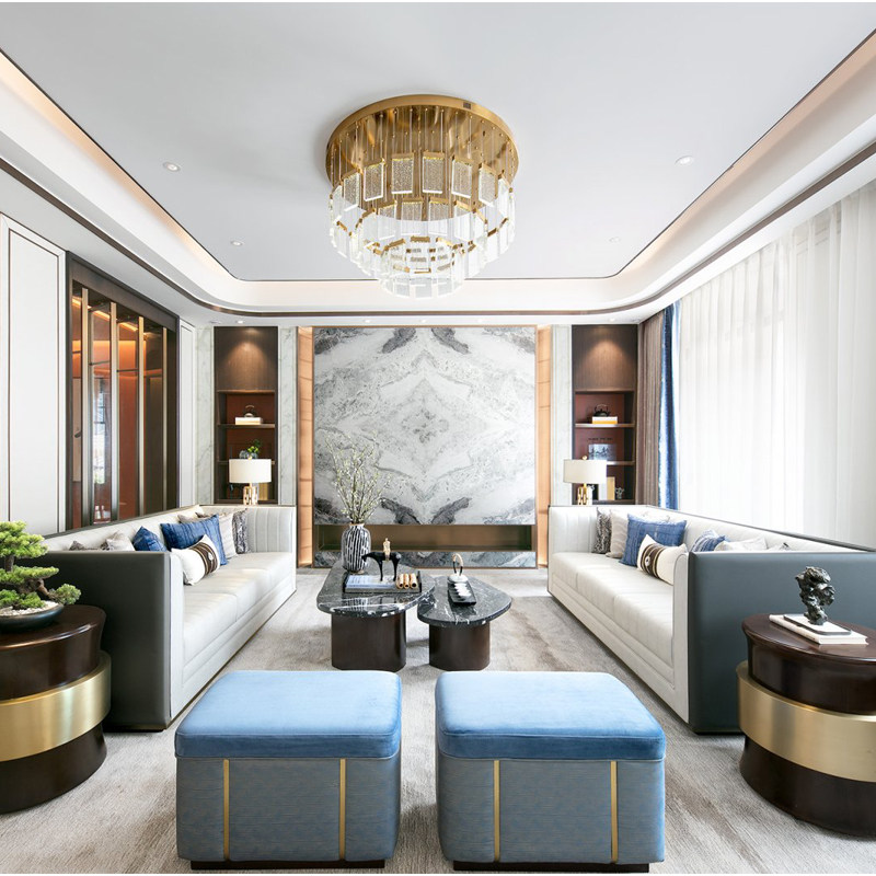 Prototype room New Chinese style sofa Modern minimalist stainless steel furniture leather cloth combined with designer's factory home direct