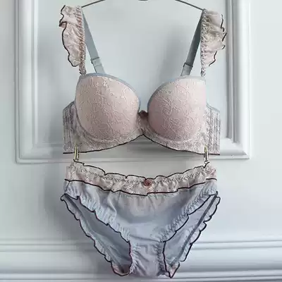 Lace ruffle bra Ruffle three-breasted bra gathered large size adjustment underwear set Underwear thin women