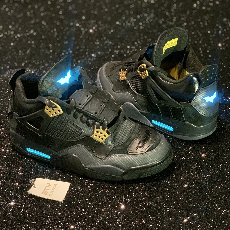 Sty Customized Air Jordan 4 Aj4 White, Red, Black, and Yellow Luminous Batman Mid-Top Retro Basketball Shoes