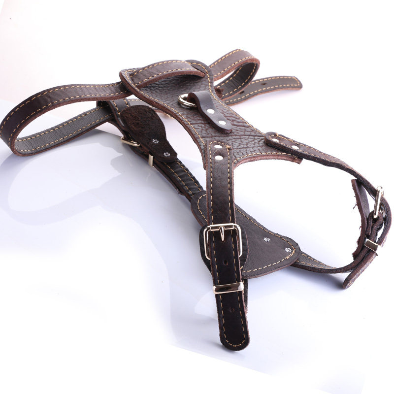 Double-layer thickened large head layer cowhide dog vest style traction rope chest strap out walking the dog titanium alloy buckle