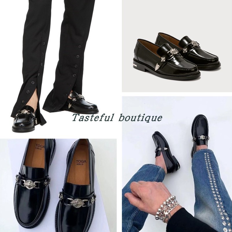 Toga Pulla Cowhide Round Head Loafers Metal Decorative Black Casual Low-Top Flat Single Shoes Women