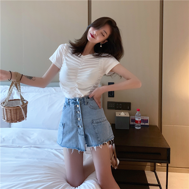 VK旗艦店 韓系高腰排口百搭牛仔短褲褲裙單品短褲