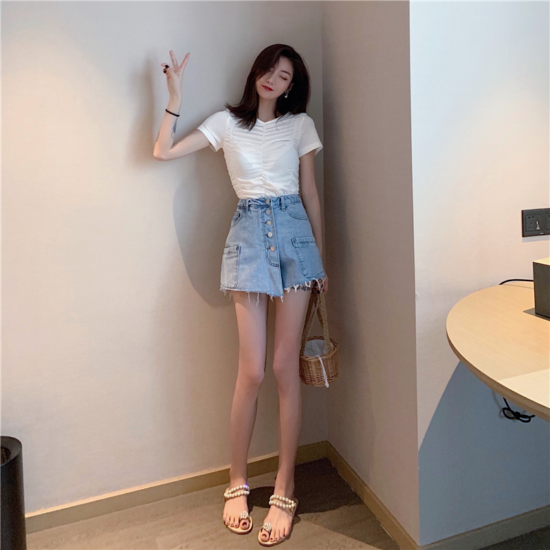 VK旗艦店 韓系高腰排口百搭牛仔短褲褲裙單品短褲