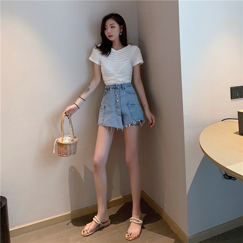 VK旗艦店 韓系高腰排口百搭牛仔短褲褲裙單品短褲