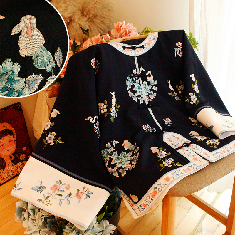 Yiyi's homemade flower-time rabbit hand-push embroidery retro-ancient method without provincial flat cut Chinese pair of overstretched large sleeves jacket blouses