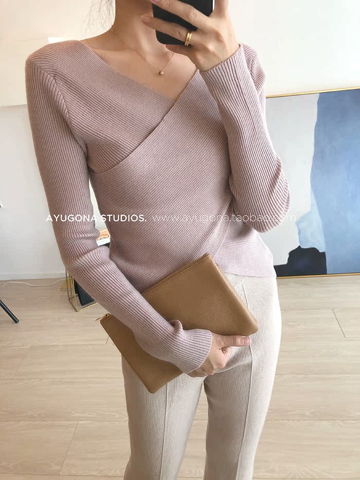 AyuGona2018 thu đông mới _ áo len cổ chữ V dài tay thon dài màu hồng len áo len khoác cardigan