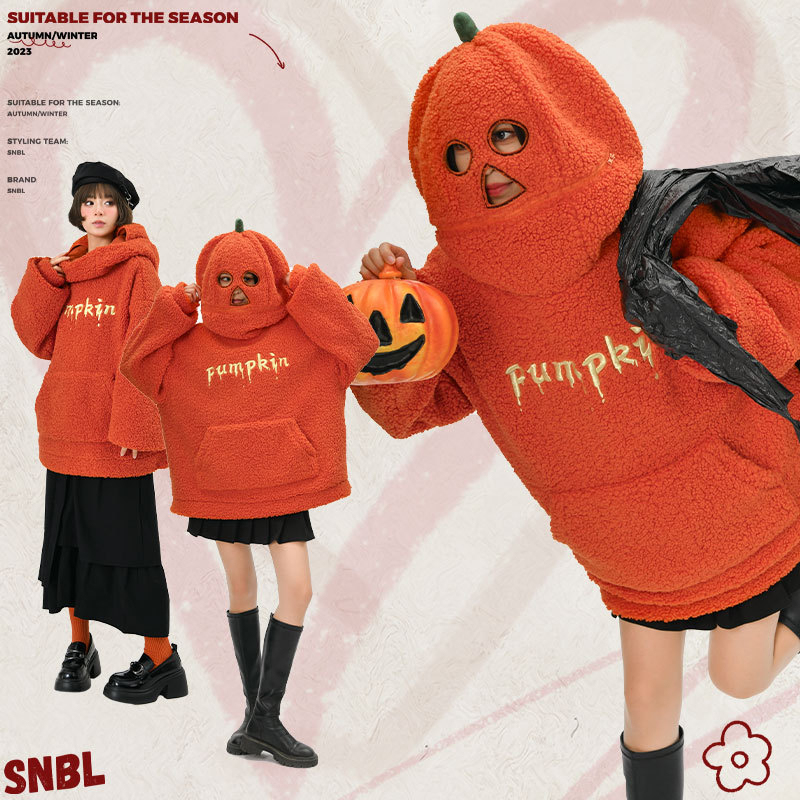 Mori Girl Tribe Halloween Pumpkin Outfit Fleece-Lined Sweatshirt for Women Winter Lamb Wool Quirky Furry Hooded Jacket Autumn