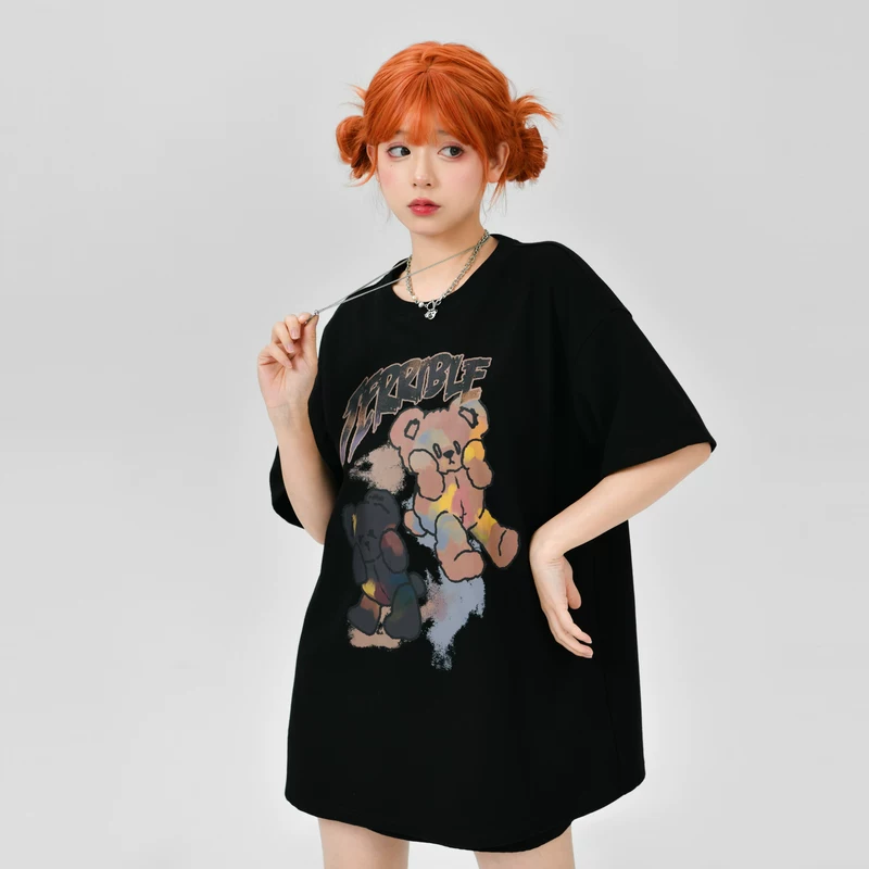 森女部落 Long summer black T-shirt, mid-length, with short sleeve