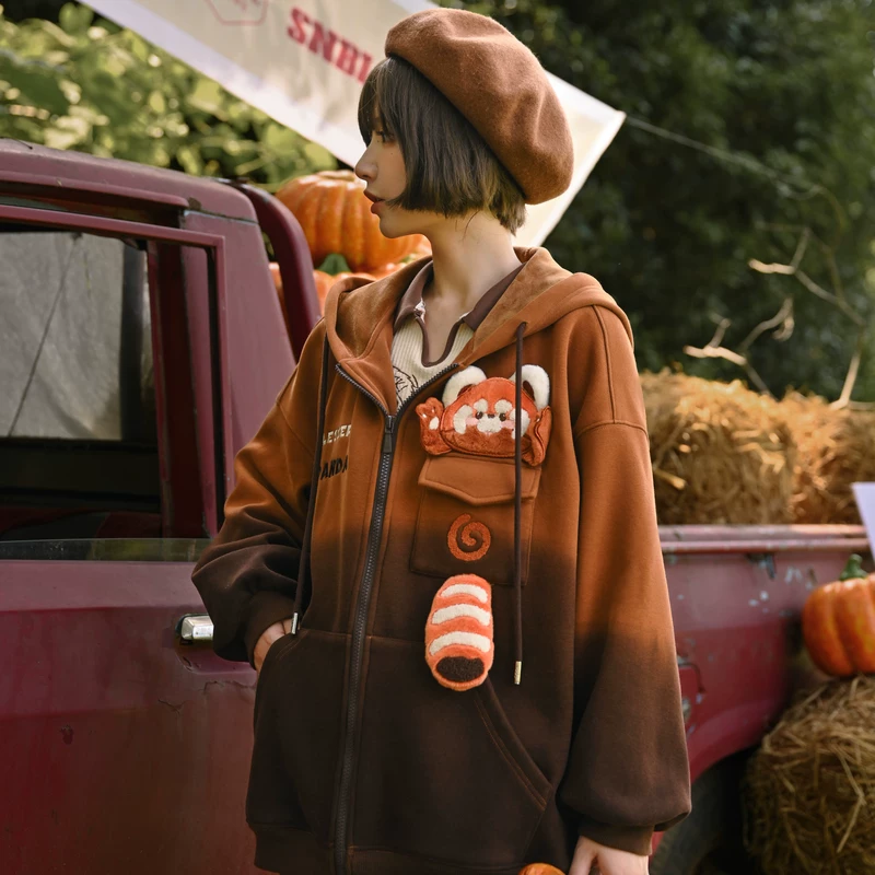 森女部落 Genuine brown demi-season sweatshirt, warm jacket, hoody, with little bears