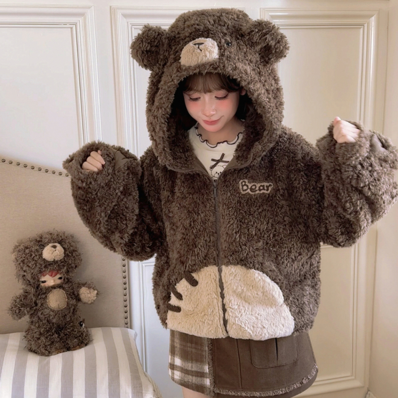 Forest Girl Tribe Fairy Tale Style Bear Hooded Fleece Sweatshirt for Women, New Design with Three-Dimensional Bear, Warm Winter Jacket Forest Girl Tribe Fairy Tale Style Bear Hooded Fleece Sweatshirt for Women, New Design with Three-Dimensional Bear, Warm Winter Jacket