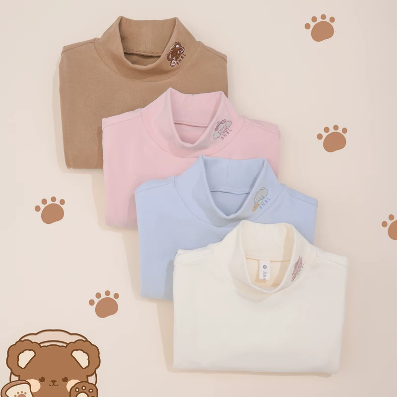 森女部落 Cute base body-friendly demi-season fitted T-shirt, with embroidery, high collar