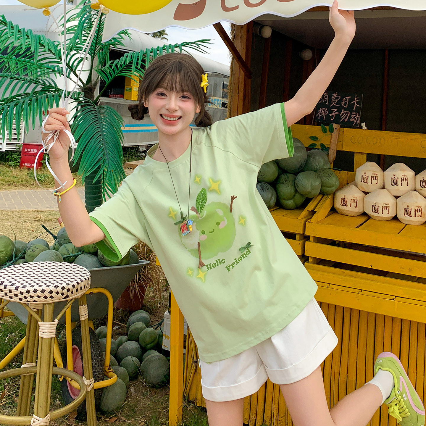Forest Womens Tribe Sweet Wind Vitality Green Apple Round Neck T-shirt Womens New Style Color blocked Versatile Loose Short sleeved Top Summer