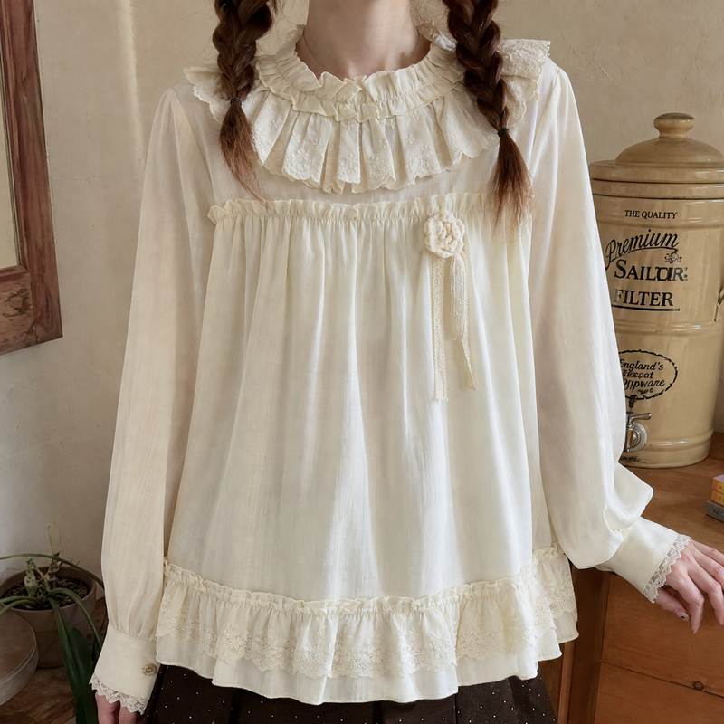 Mori Girl Style Apricot Ruffled Lace Stand-Up Collar Long-Sleeved Shirt for Women with Detachable Rose Flower Loose Babydoll Shirt for Autumn Mori Girl Style Apricot Ruffled Lace Stand-Up Collar Long-Sleeved Shirt for Women with Detachable Rose Flower Loose Babydoll Shirt for Autumn