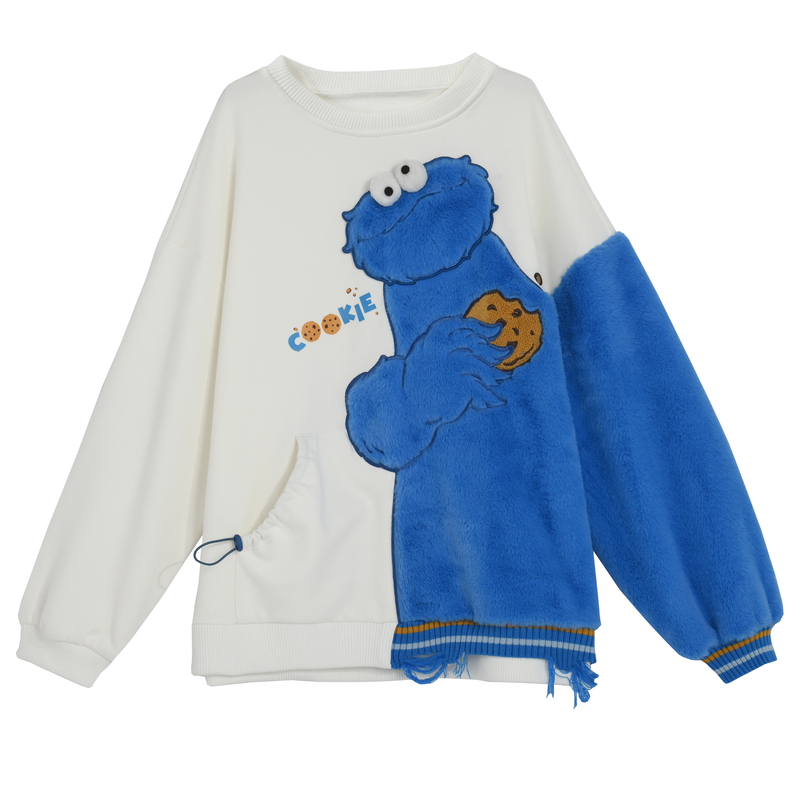 Sesame Street Joinly Starts Moe Fun Tide Crewneck Sweatshirt Women's fleece-lined Pullover with New Mori Girl Tribe Original