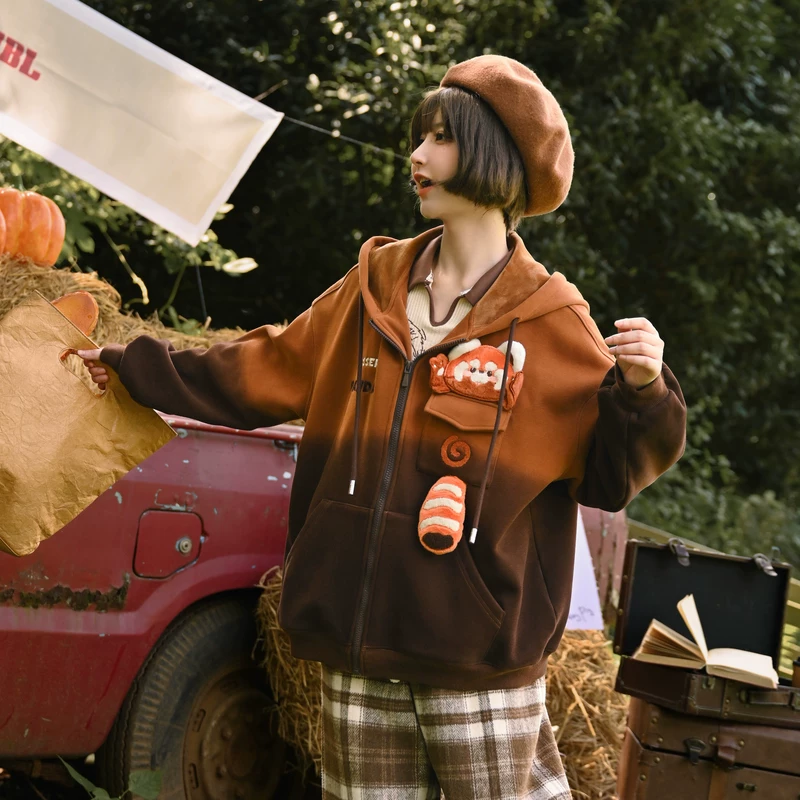 森女部落 Genuine brown demi-season sweatshirt, warm jacket, hoody, with little bears