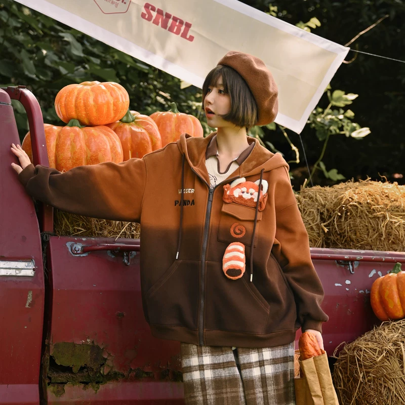 森女部落 Genuine brown demi-season sweatshirt, warm jacket, hoody, with little bears