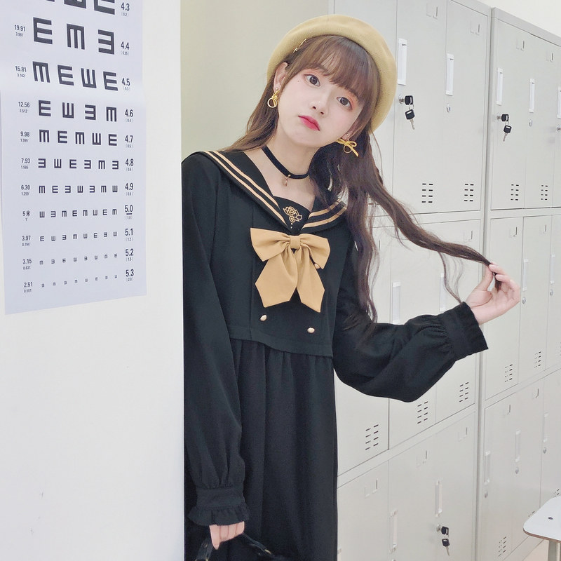 Original Mori tribe Navy wind fake two seapers autumn long sleeve dress student skirt Autumn Autumn