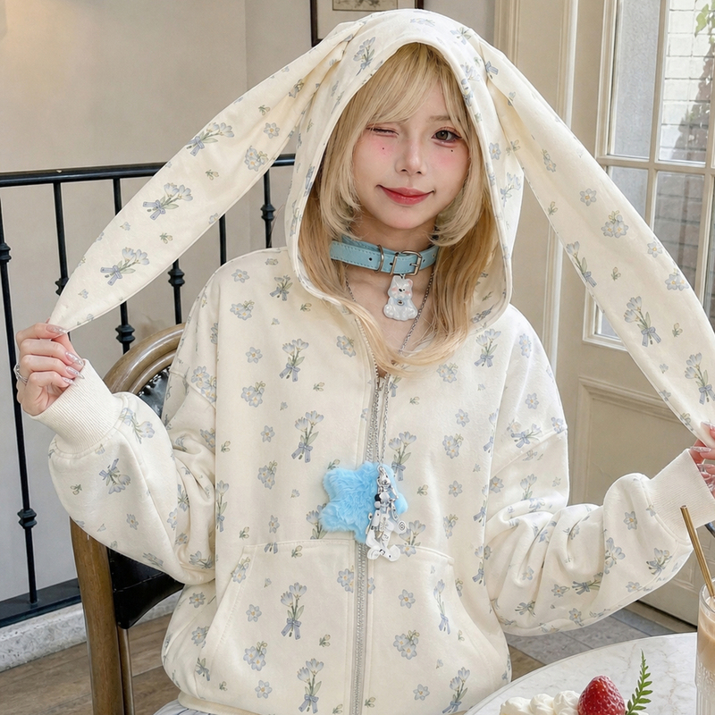 Forest Girl Tribe Sweet and Cute Bunny Ear Hooded Sweatshirt Women's Top Autumn 2026 New Style Petite Jacket Spring