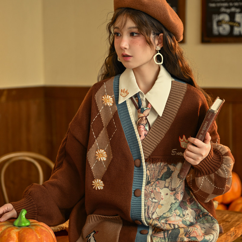 Senfemale Tribe Original Atmosphere Sensation Retro Mermaid's Lazy Knitwear Sweaters V Collar Loose Sweater Cardigan Jacket Autumn-Taobao