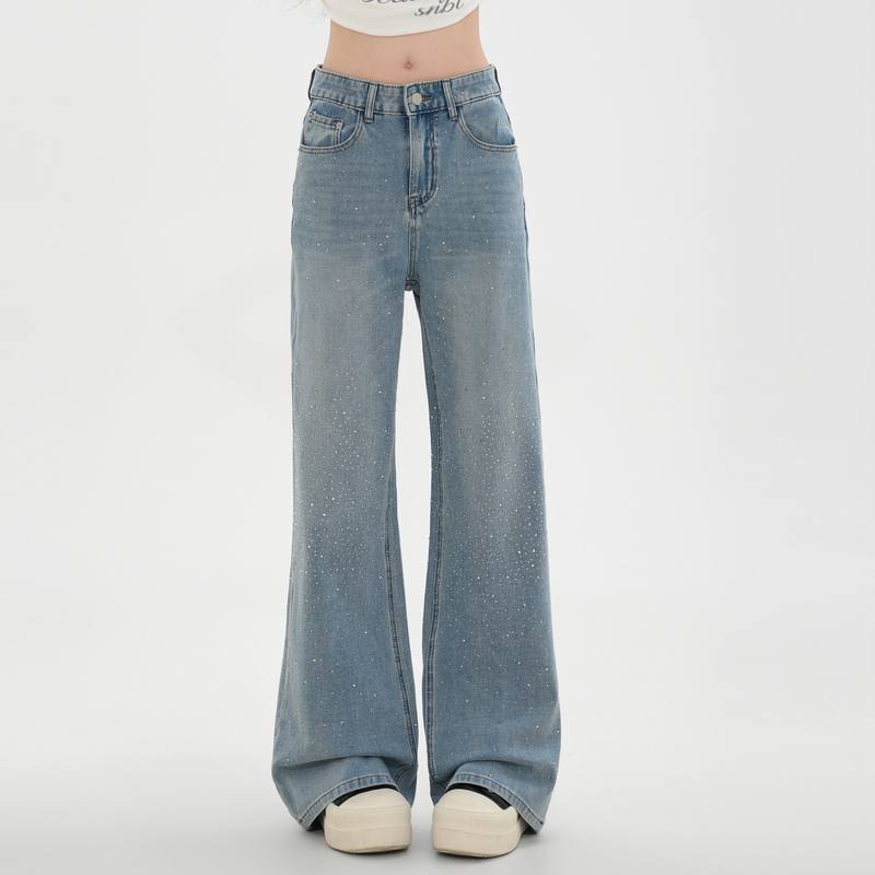 Forest Girl Tribe Sparkling Rhinestone Starry Micro-Flared Four-Way Stretch Wide-Leg Jeans 2026 New Women's Summer Pants