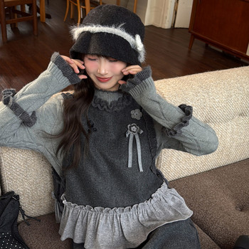 Mori girl tribe sweet style fungus pullover knitted vest new contrast color stitching fashion suit for women winter