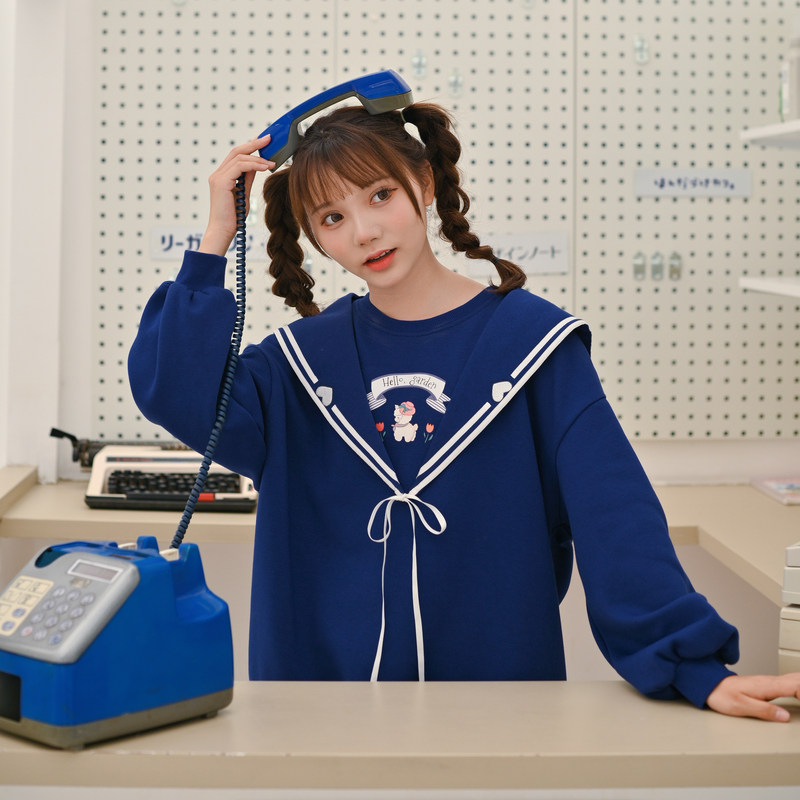 Original Mori tribal Leisure College Klein blue show white clothes College wind Navy neck top 2021 New
