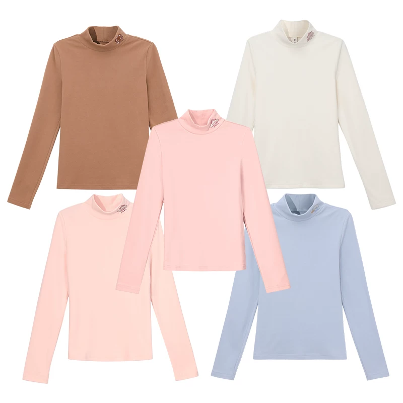 森女部落 Cute base body-friendly demi-season fitted T-shirt, with embroidery, high collar