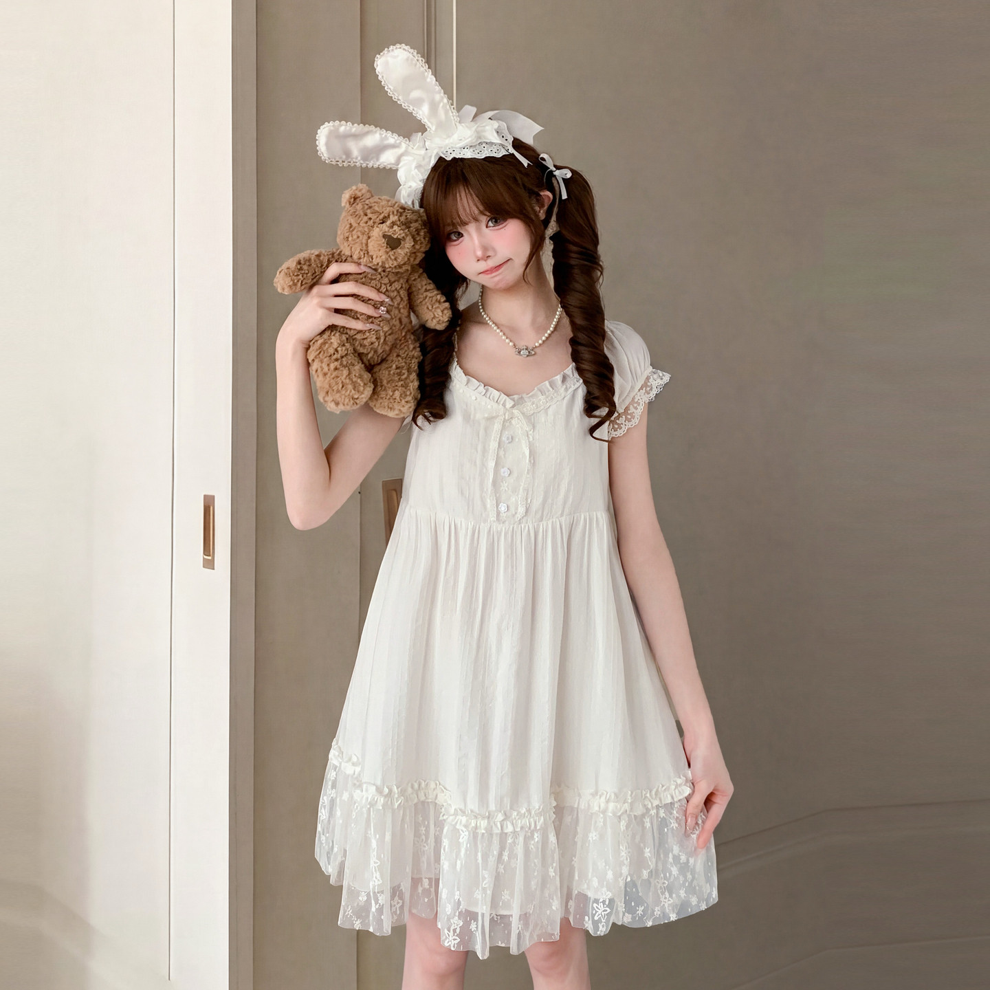 Forest Womens Tribe Sweet Wind Dress Womens New Style Bubble Sleeve Lace Splicing Design Feel Loose A-line Skirt Summer