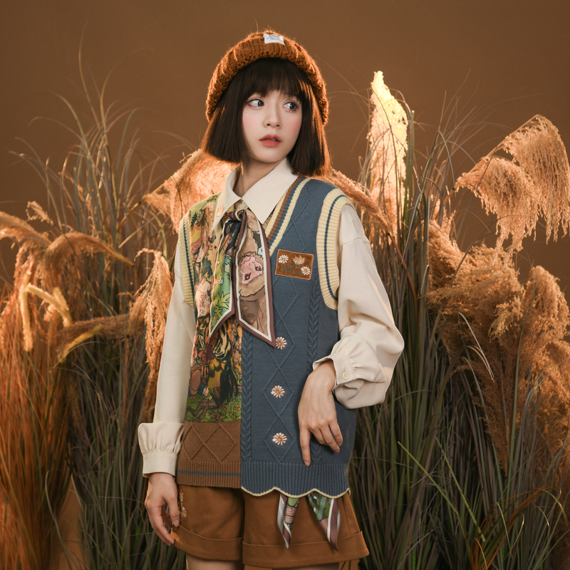 Mori Girl Style Melard Outfit Retro Shirt Knitwear Vest Set Women's Spring Layered Sweater Autumn