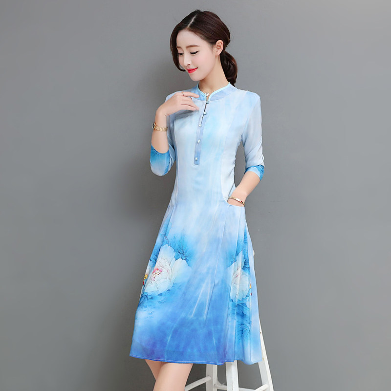 女子印花民族风连衣裙女士立领女人连身裙女性长袖真丝连衣裙子