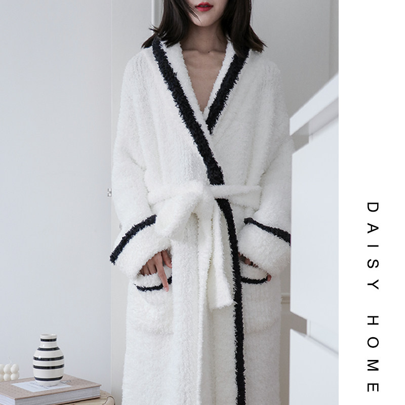 High-end cashmere half velvet winter warm soft ins wind black and white minimalist home clothes bathrobes for men and women with the same