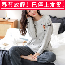Spring and autumn new pullover round neck long-sleeved cotton pajamas ladies printed beam mouth pajamas casual home clothes can be worn outside
