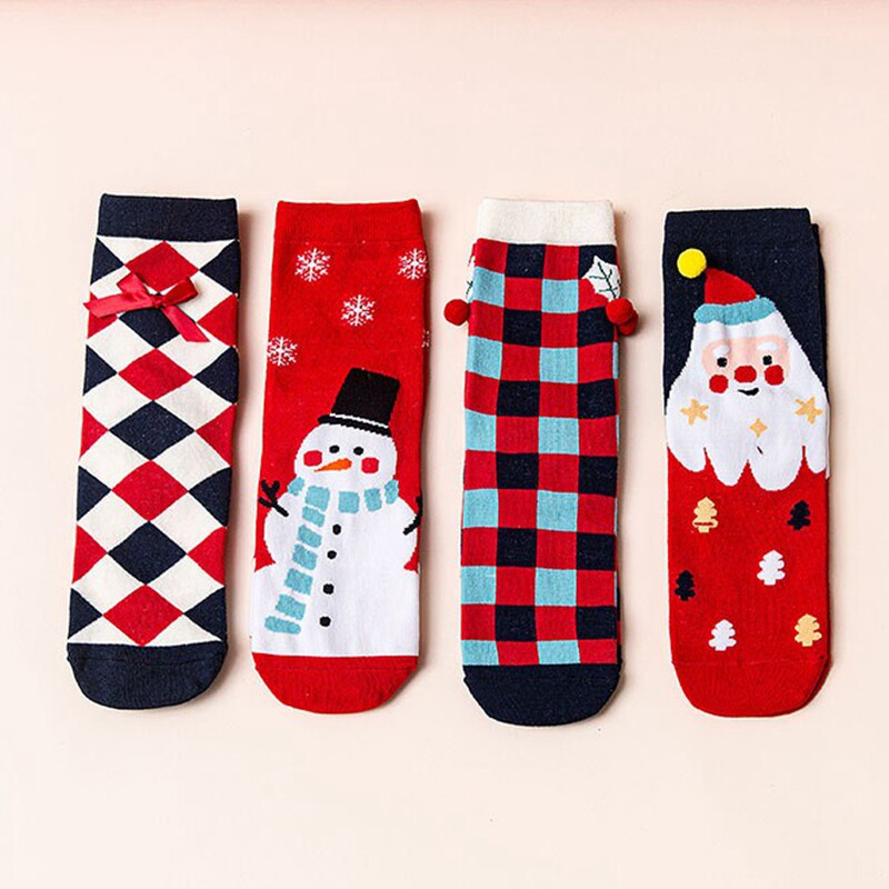 Four pairs of autumn and winter new women's mid-tube socks striped plaid cartoon jacquard all-match New Year Christmas socks gift box