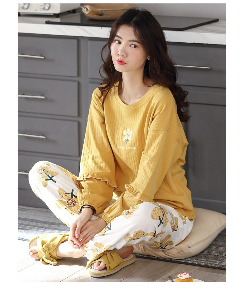 Spring and autumn new home clothes women's long-sleeved round neck pullover wooden ears girly pajamas printed cotton pajamas