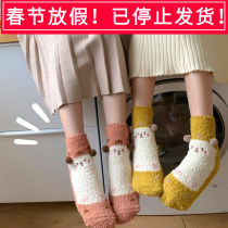 Autumn and winter new cute warm coral fleece mid-tube socks womens thickened plus velvet brushed cartoon ins sleep socks one size fits all