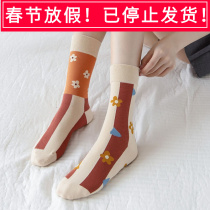 Spring and Autumn New Personality Tube Socks Cartoon Jacquard Womens Socks Sweat-absorbing Breathable Left and Right Feet Different Flowers Cotton Socks Tide