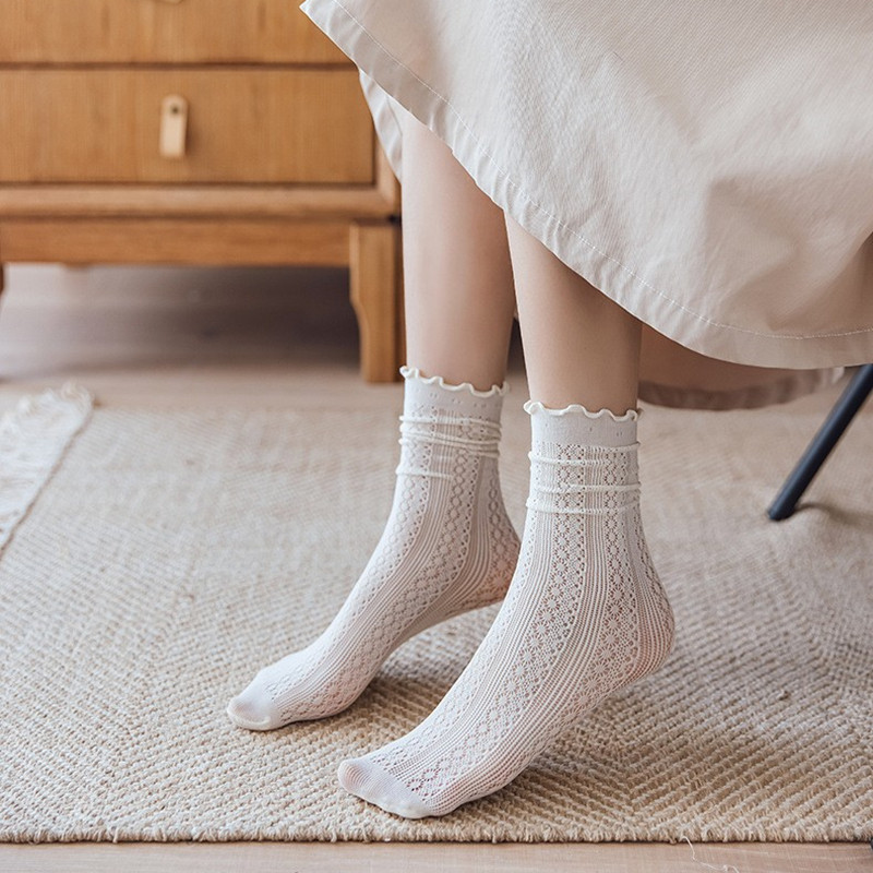 Spring and summer new sweet mesh mid-tube socks women's solid color wooden ears thin section breathable hollow pile cotton socks Lolita