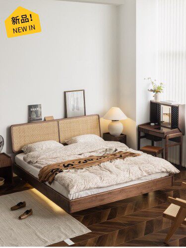 Rattan solid wood bed black walnut Japanese furniture Nordic 1 8 double bed master bedroom 1 5 meters retro wedding bed