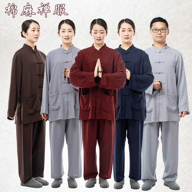 Buddhist cotton numb suit Zen China Wind suit men and women with the same retro-collar spring and summer and autumn section of Tang Costume Sea Green