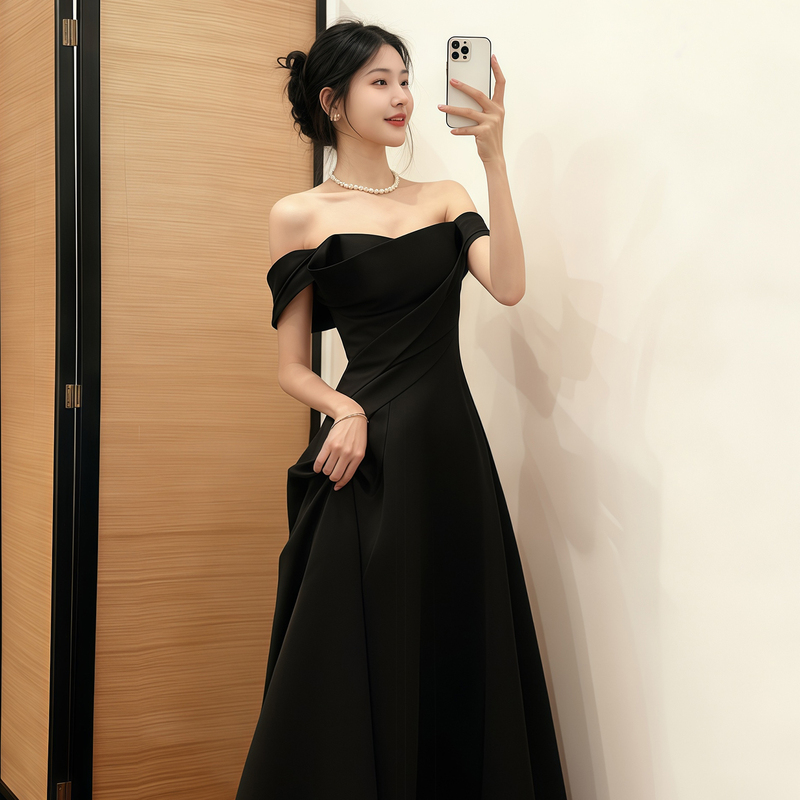 Black Satin Evening Dress, Elegant Strapless Off-Shoulder Long Dress, Suitable for Vocal Arts Exams, Coming-Of-Age Ceremonies, Evening Parties, Hosting, and Annual Meetings