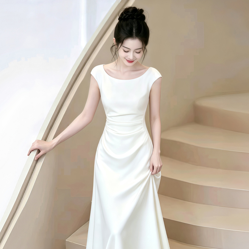 White Satin Dress for Women, Engagement Party, Banquet, French-Style Waist-Cinching, Niche Design, Registration and Marriage Certificate Small White Dress White Satin Dress for Women, Engagement Party, Banquet, French-Style Waist-Cinching, Niche Design, Registration and Marriage Certificate Small White Dress